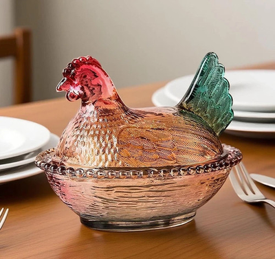 #ad #ad Vintage Glass Hen on Nest Dish Lid Large Pedestal Rooster Candy Bowl Colorful $44.09