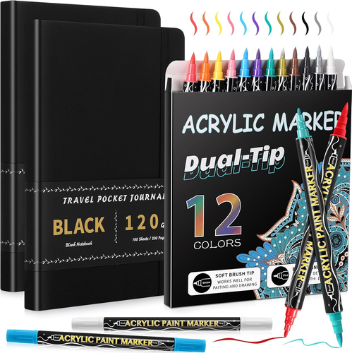 2 Pcs Black Paper Sketchbook with 12 Metallic Marker Pens Set 6 X 8 in Black Wri