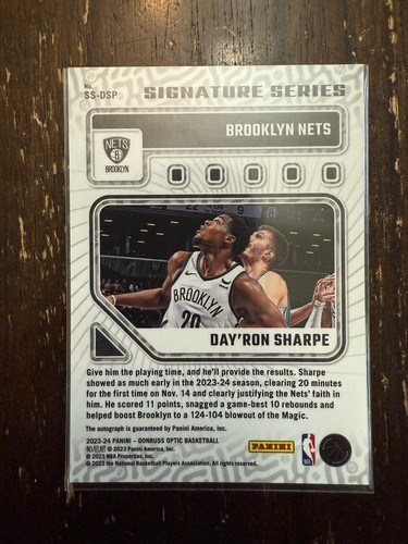Day’Ron Sharpe 2023-24 Donruss Optic Signature Series Auto | #SS-DSP Nets - Picture 2 of 2