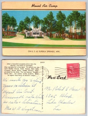 Vintage Linen Postcard Mount Air Camp Eureka Springs ARK Ozarks 1955 Posted
