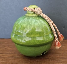 Christmas Sleigh Bell Ceramic Lime green 2.5" ornament w/ tassel & "feet"