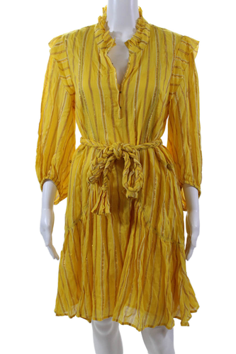 Apiece Apart Womens Cotton V-neck Braided Belt Long Sleeve Dress Yellow Size 8