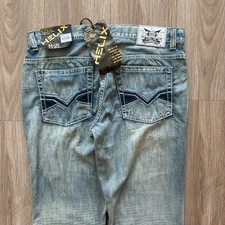 Y2K Helix Evolution Mens Bootcut  NWT  Distressed Blue Denim Jeans Size 34x30 