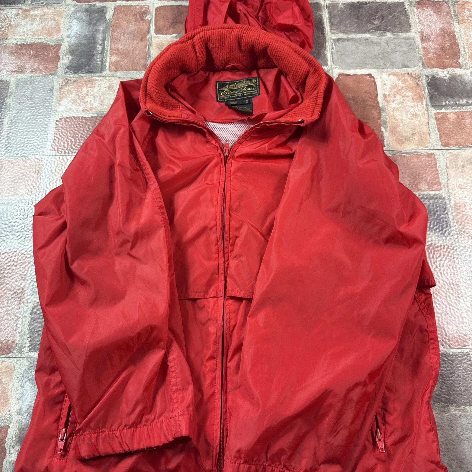 VTG 90s Red Eddie Bauer Nylon Windbreaker Jacket M Men’s Hooded Full Zip