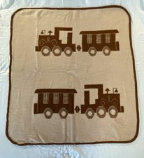 Vintage San Marcos Baby Plush Blanket Toy Trains Reversible Brown Tan 41x45 Flaw