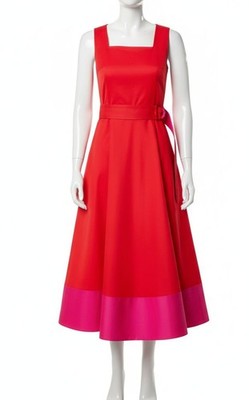 Akris punto Women's Red Belted Colorblocked Cotton Poplin Midi-Dress Size 4