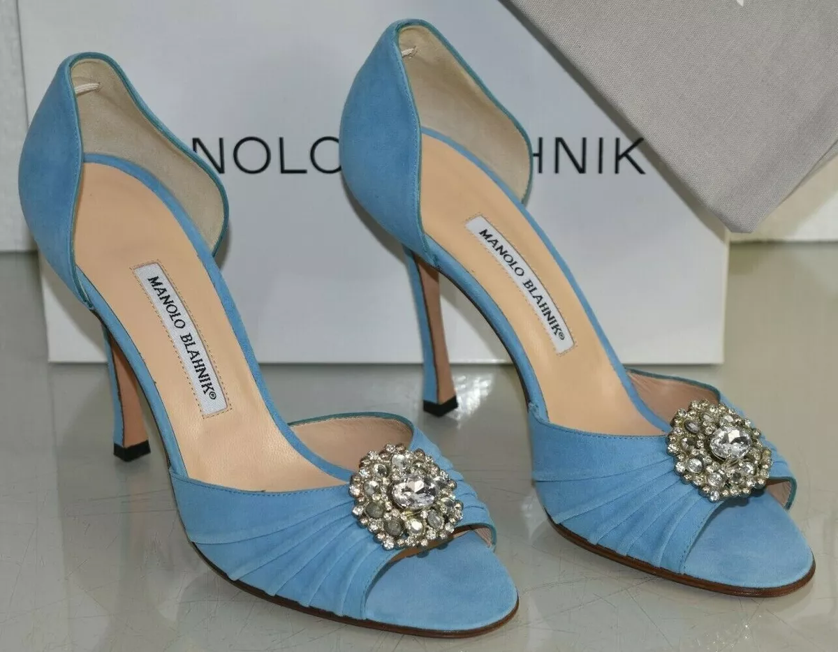 $895 NEW Manolo Blahnik SEDARABY 105 Blue CRYSTAL JEWELED Shoes Wedding Pump 40