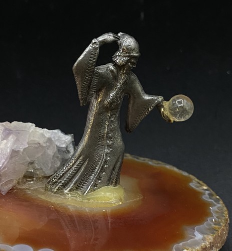 Pewter Wizard Mounted on a Sliced Geode Agate Figurine Crystal Ball - Bild 7 von 12