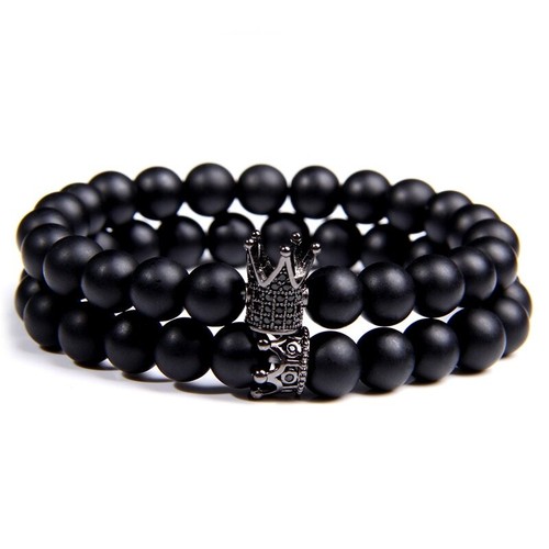 2X CZ Crown Bracelet Set 8MM Black Matte Onyx Beads Bracelet For Women Men Gift - Picture 13 of 22