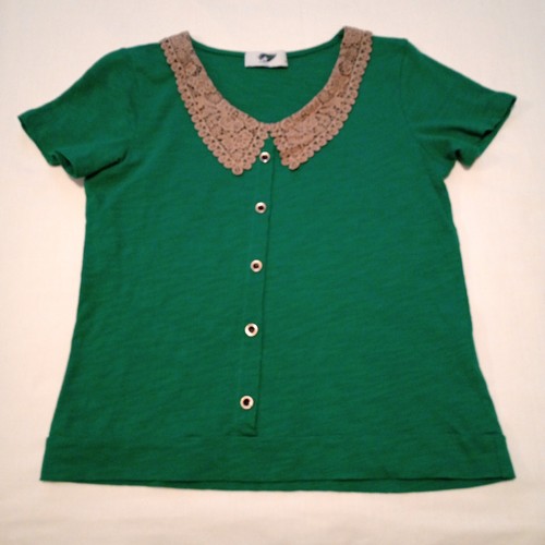 Girls Pullover Blouse Size M Green Jersey Brown Lace Collar School Party Preppy