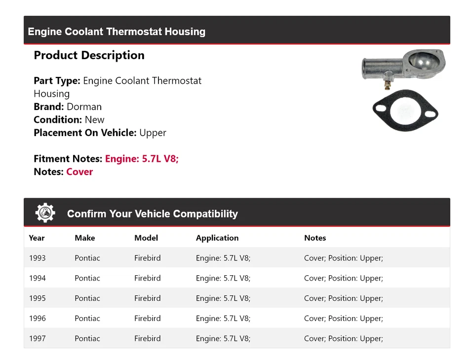 适用于 1993 - 1997 庞蒂亚克 Firebird 5.7 升 V8 Dorman 发动机冷却液恒温器外壳 — 第 2/4 张图片