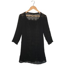 Lucky Brand Boho Crochet Lace Long Sleeve Tassel Textured Womens Dress Black S