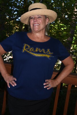 Rams navy blue  yellow gold rhinestone glitter short sleeve shirt size XL & XXL