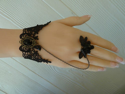 Pulsera + anillo de encaje negro (tamaño ajustable). Vestido elegante vintage. Collar/gargantilla - Imagen 7 de 8