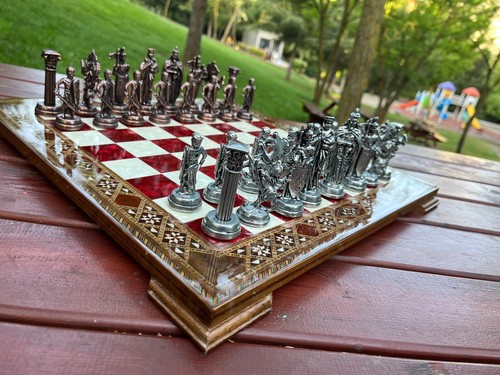 Ancient Roman Antique Copper Chess Pieces & Solid Walnut Wooden Chessboard - Picture 6 of 8