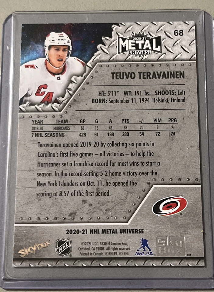 TEUVO TERAVAINEN CAROLINA HURRICANES 2020-21 SKYBOX NHL METAL UNIVERSE #68 - Image 2 of 2