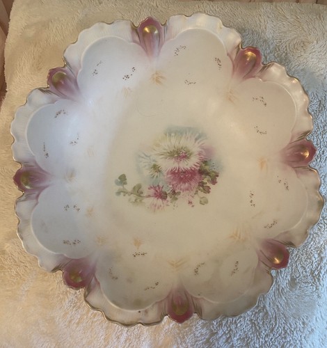 Antica ciotola porcellana RS Prussia con rose rosa fiori decorazione vintage 10" - Foto 10 di 13