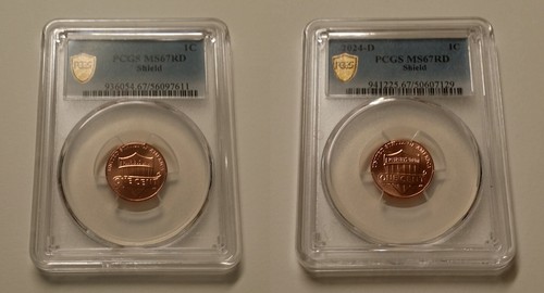 2024 P & D Lincoln Cents PCGS MS67 RD with Gold Shield Labels