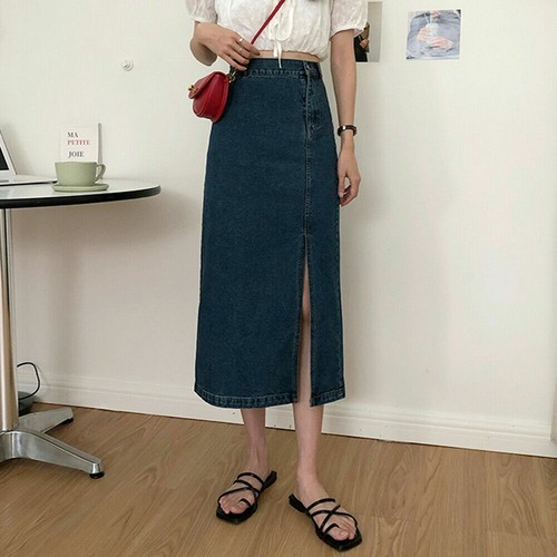 Womens Asymmetric Slim Denim Midi Skirt Dress High Waist Side Slit Casual - Picture 11 of 12