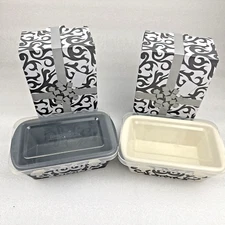 2 Temptations grey white  damask floral 14oz. Mini Loaf Pan Ovenware w/lid