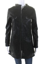In Transit Womens Laser Cut Long Hook & Eye Leather Jacket Black Size Xs