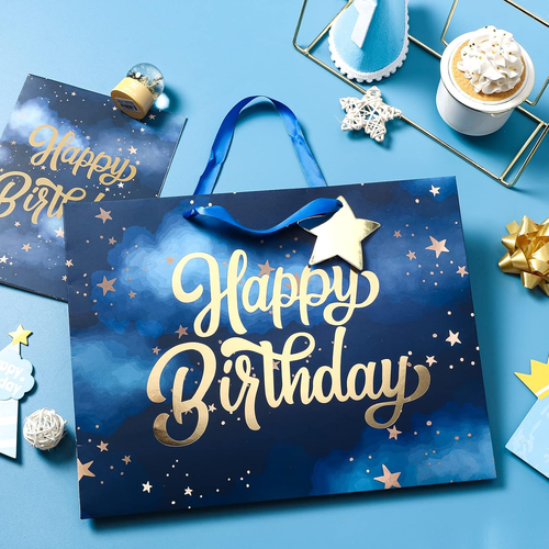13" Large Gift Bag with Card and Tissue Paper - Navy Star Gold Foil Happy Birthd - Picture 6 of 12