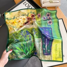 100% Silk 20'' Small Square Scarf Women Green Neckerchief Oil Painting Flowers