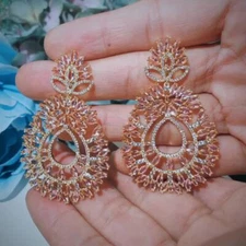 Rose Pink Yellow Gold Plated Big Long Drop Wedding Earrings for Women Costume