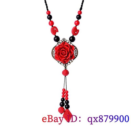 Red Jade Flower Necklace Jewelry Tibetan Silver Chalcedony Natural Choker - Picture 3 of 6