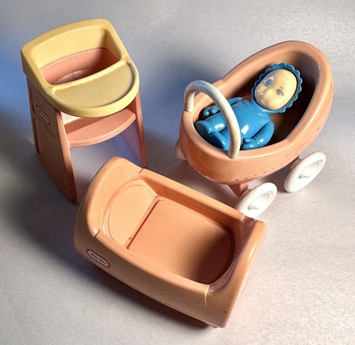 Vintage LITTLE TIKES Dollhouse Baby And Nursery Set Cradle Highchair Stroller