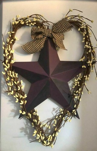 DLCC~ Ivory pip heart 13” tall with purple black 11” star homespun bow Easter - Picture 2 of 3