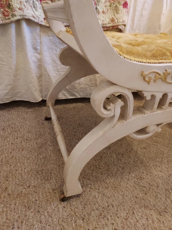 Banqueta de banco vintage francesa country art nouveau cadeira vaidade gasto e chique - Imagem 4 de 4