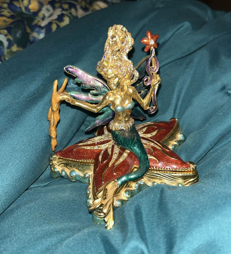 Kirks Folly Mermaid Sea Fairy Starfish Trinket Dish Gold Tone Metal Jewelry Box