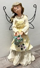 8 Rustic Angel Figurine Resin With Wire Wings Wood Carved Look Flower Basket