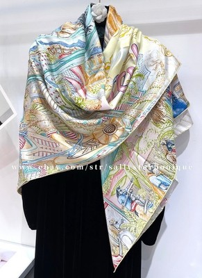 Sallys 16 Momme Heavy Twill Silk Wrap Scarf City Print Shawl Kerchief 53'' Aqua