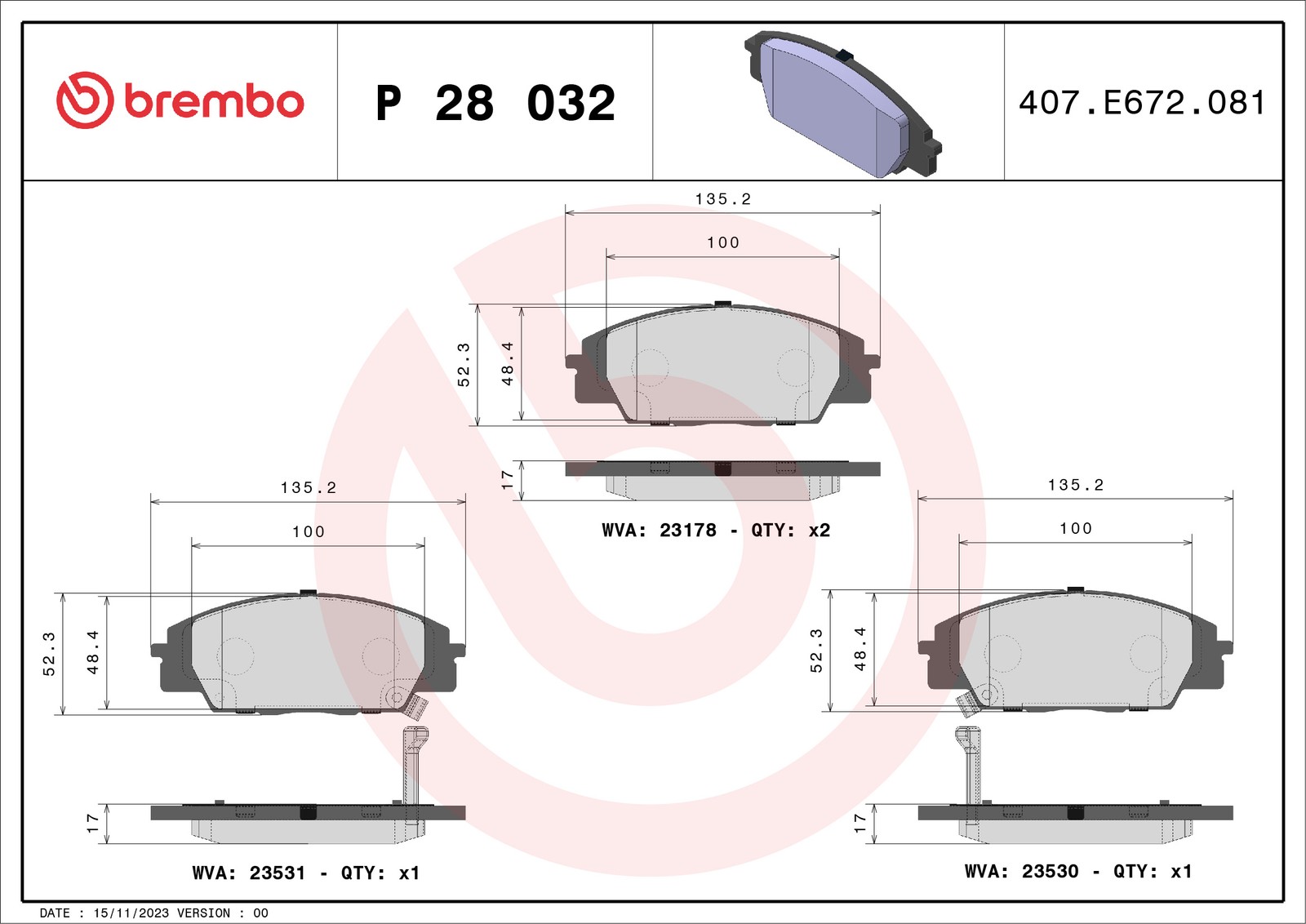 Bremsbelagsatz, Scheibenbremse P 28 032 BREMBO für HONDA S2000 - Bild 4