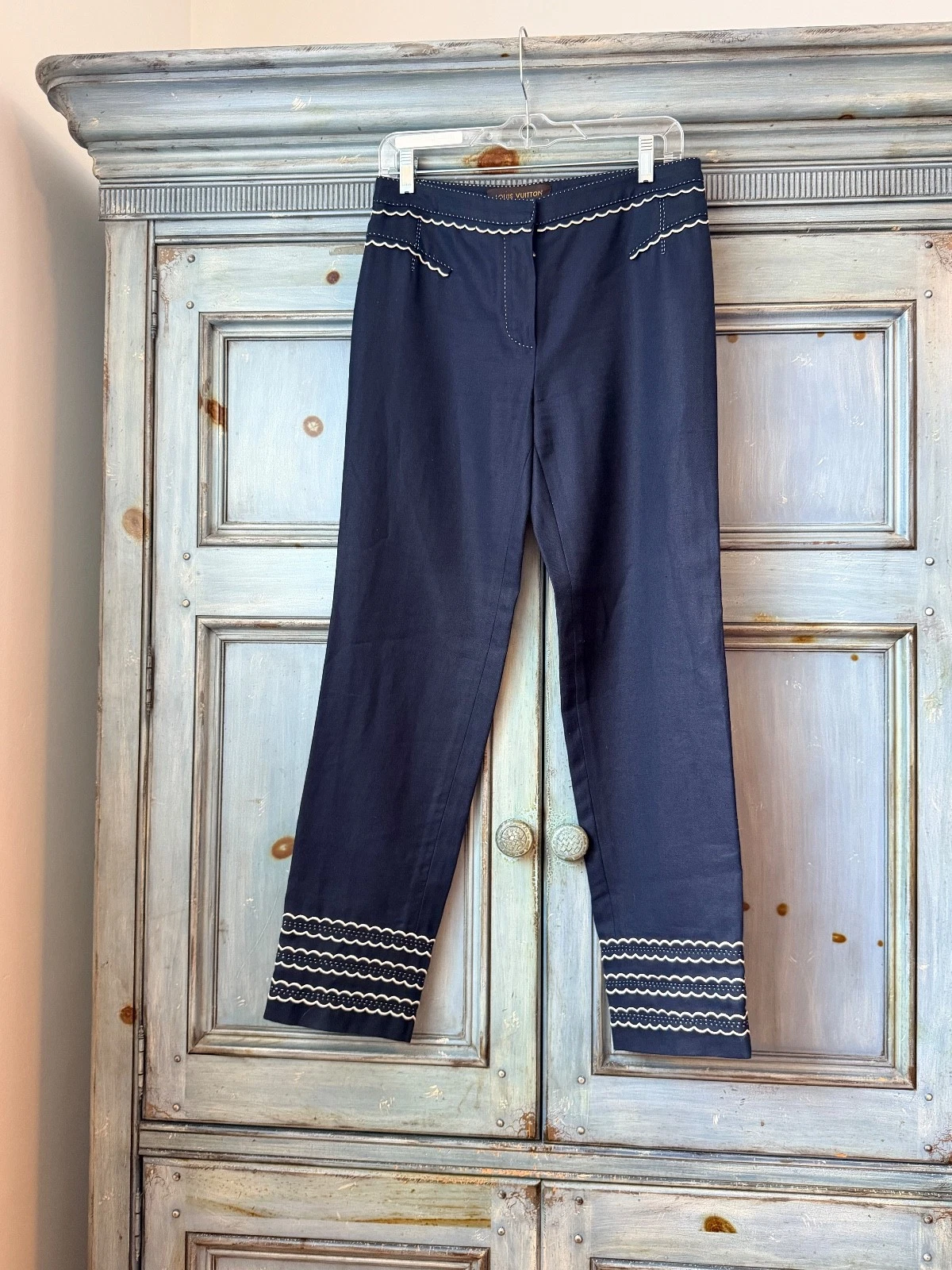 Vuitton — Louis Vuitton Navy Linen Blend Pants with Scalloped Embroidery Size 40