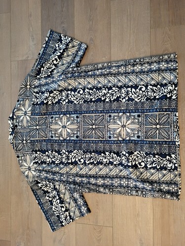 Vintage Hilo Hattie Men's Blue Floral Bark Cloth Hawaiian Button-Down Shirt XL - Picture 6 of 9