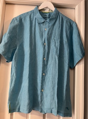 Tommy Bahama Men s Large Aqua Blue 100% Linen Button Up Shirt Short Sleeve EUC