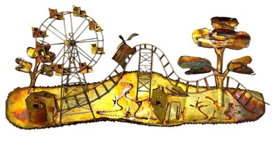 Vintage Torch Tin Metal Wall Art Ferris Wheel  Rollercoaster Copper C. Jere Attr