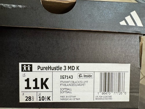 ADIDAS PURE HUSTLE 3 MD K Softball/Baseball CLEATS Youth WHITE / BLACK - Picture 4 of 4