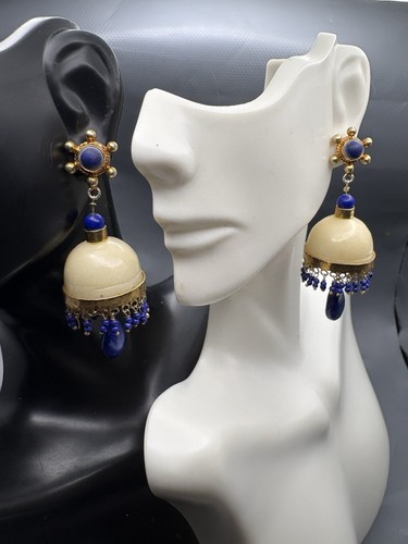 sterling silver 925 earrings Lapis Lazuli Milk Glass Chandelier Jhumka - Picture 19 of 24