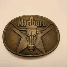 Vintage 1987 Philip Morris Inc. Marlboro Solid Brass Belt Buckle Texas Steer