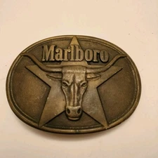 Vintage 1987 Philip Morris Inc. Marlboro Solid Brass Belt Buckle Texas Steer