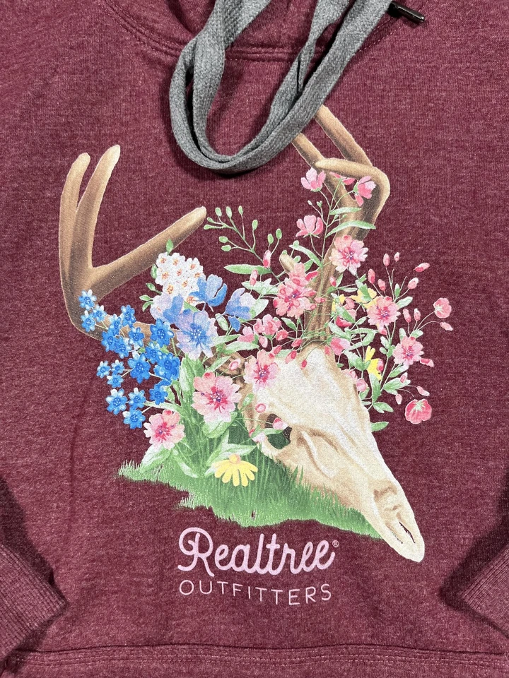 Realtree Outfitters 连帽衫女式中号栗色鹿头骨花卉图案 — 第 4/4 张图片