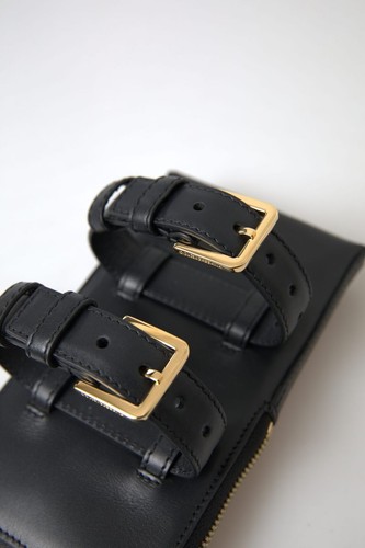 Dolce&Gabbana Men Black Bracelet Bag 100% Leather Solid Double Belt Strap Purse - Picture 5 of 6