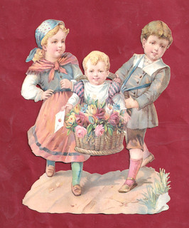 Très Rare Grand Chromo Decoupis Promenade Magnifique Bébé Fille En Panier Roses