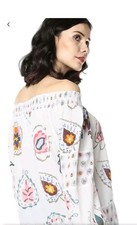 Desigual Smocked Gauze Cotton Off the Shoulder Peasant Blouse Multicolor XL