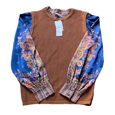 NWT Current Air Anthropologie Woven Combo Sweater M Brown Knit Blue Paisley Boho
