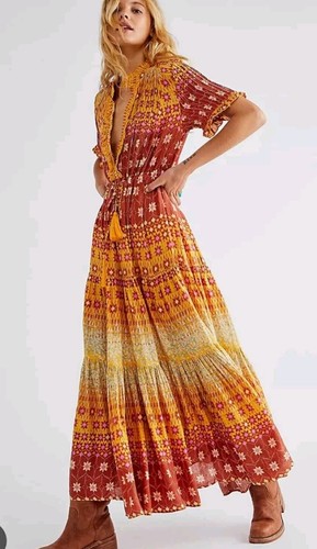 Free People Rare Feeling Maxikleid rot geblümt Kurzarm Gr. M - Bild 3 von 11
